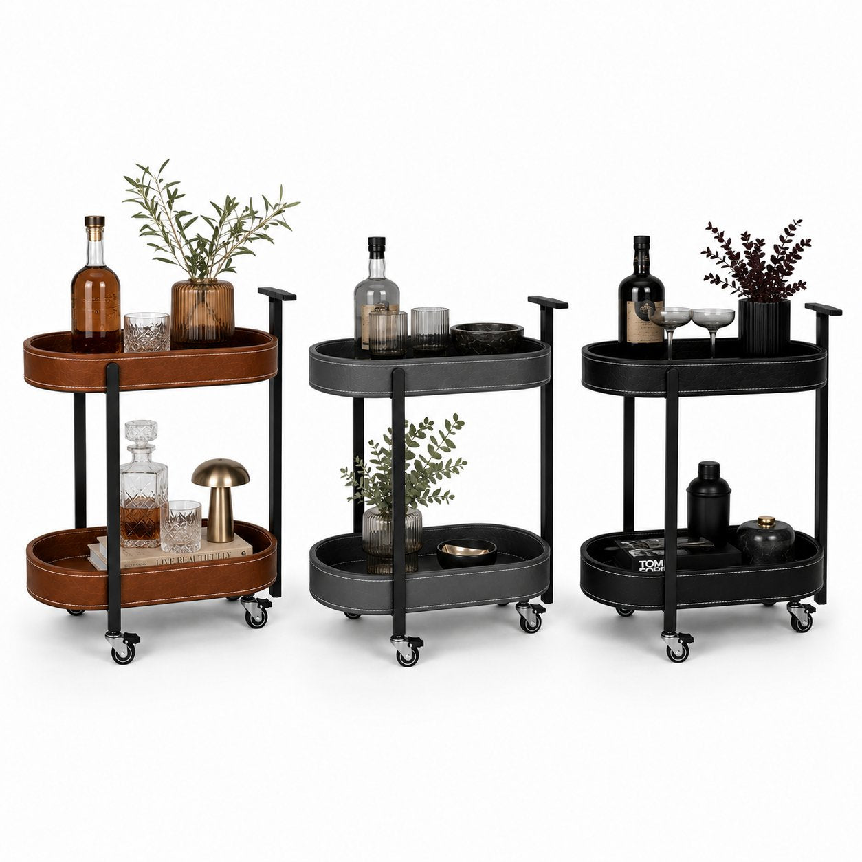 Le Provence Iron & Leather Side Trolley in Onyx Black — French luxury two-tier bar cart Australia