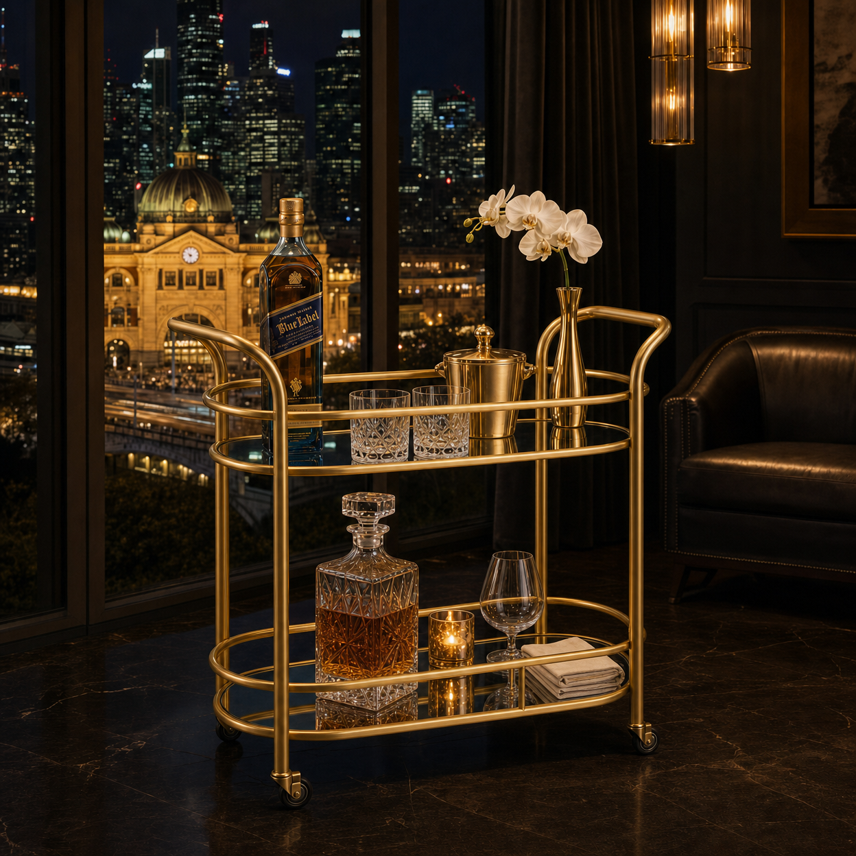 The Gatsby gold bar cart side view — Art Deco drinks trolley Australia