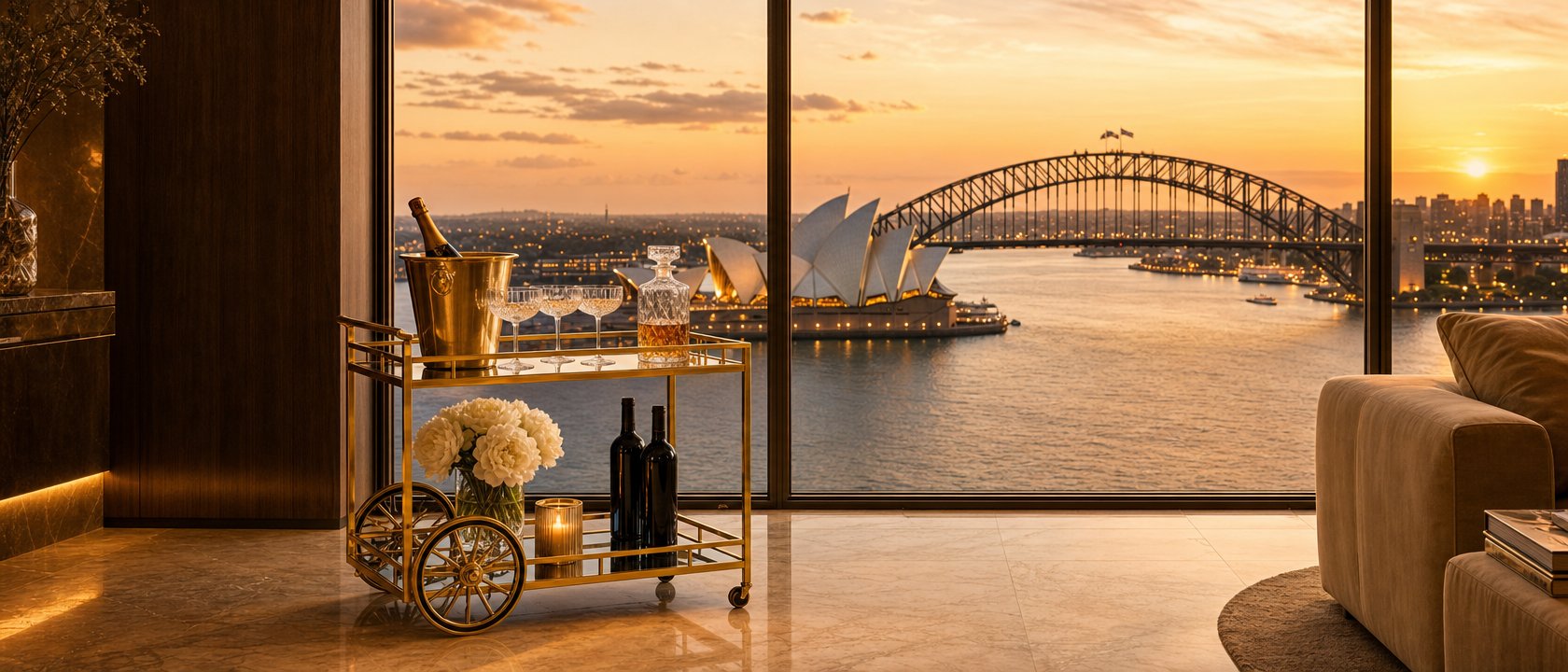 Gold luxury bar cart styled in Sydney Harbour penthouse with Opera House view, champagne bucket, crystal glasses and white peonies — Royal Bar Carts Australia