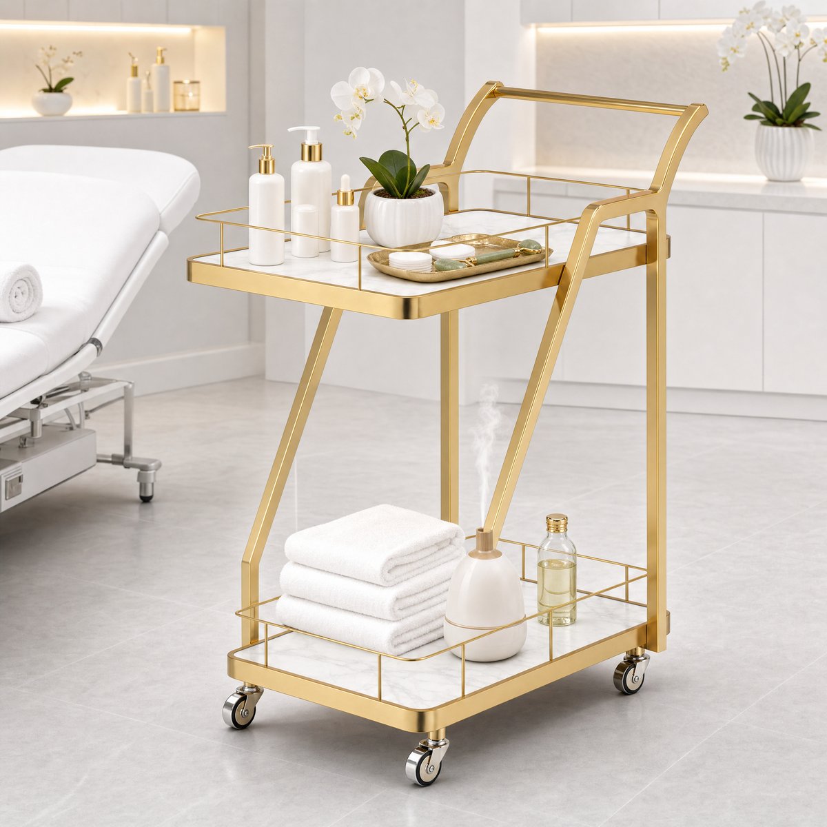 The Mosman Two-Tier Gold Marble-Look Service Cart featuring a striking Z-frame and white faux-marble shelves, styled with wine and glasses and day spas.