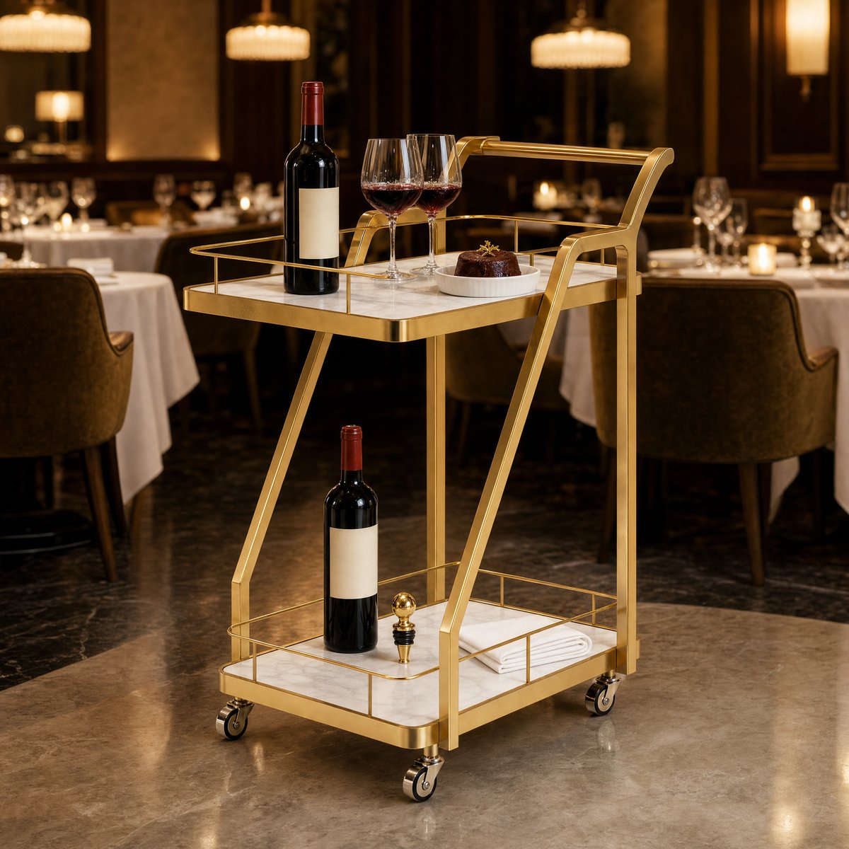 The Mosman Two-Tier Gold Marble-Look Service Cart featuring a striking Z-frame and white faux-marble shelves, styled with wine and glasses and day spas.