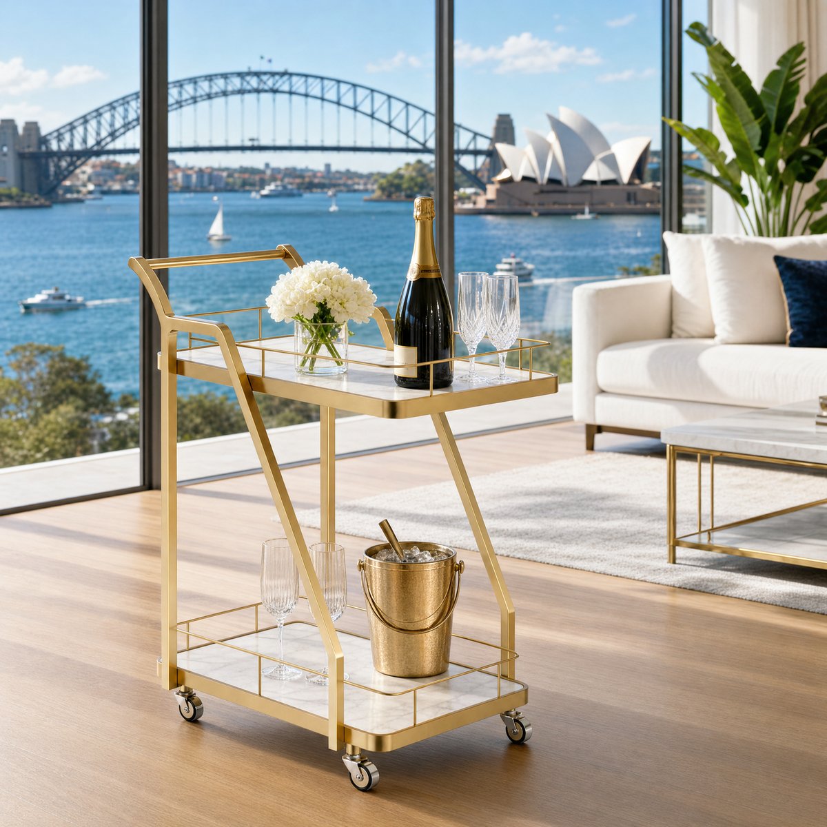 The Mosman Two-Tier Gold Marble-Look Service Cart featuring a striking Z-frame and white faux-marble shelves, styled with wine and glasses and day spas.