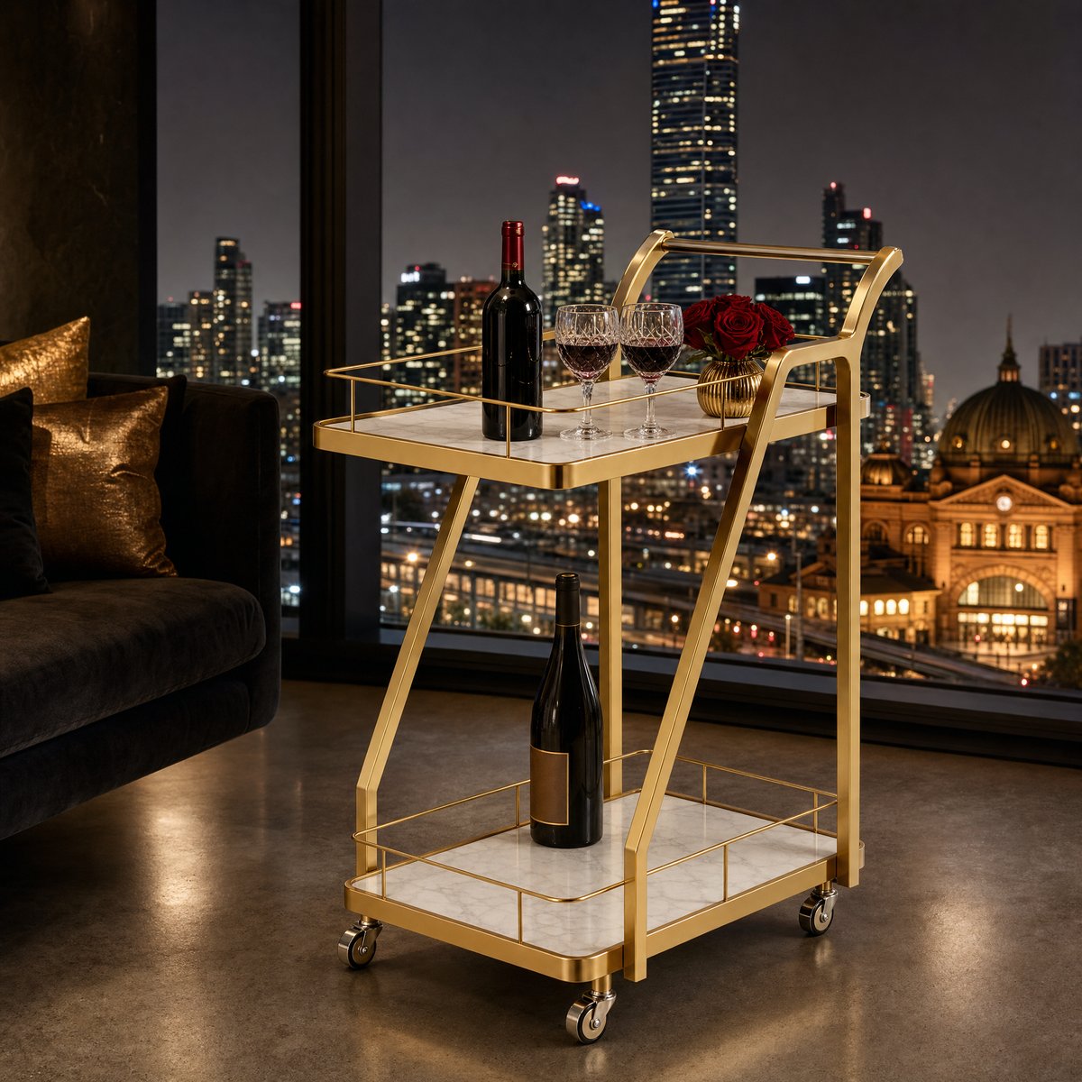 The Mosman Two-Tier Gold Marble-Look Service Cart featuring a striking Z-frame and white faux-marble shelves, styled with wine and glasses and day spas.