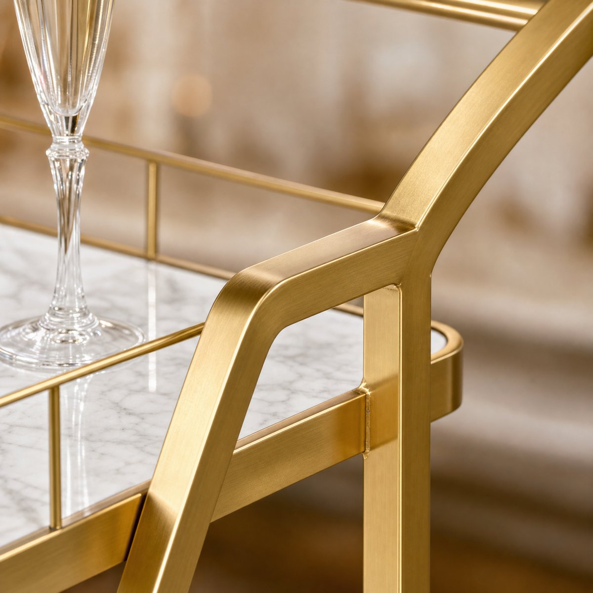 The Mosman Two-Tier Gold Marble-Look Service Cart featuring a striking Z-frame and white faux-marble shelves, styled with wine and glasses and day spas.