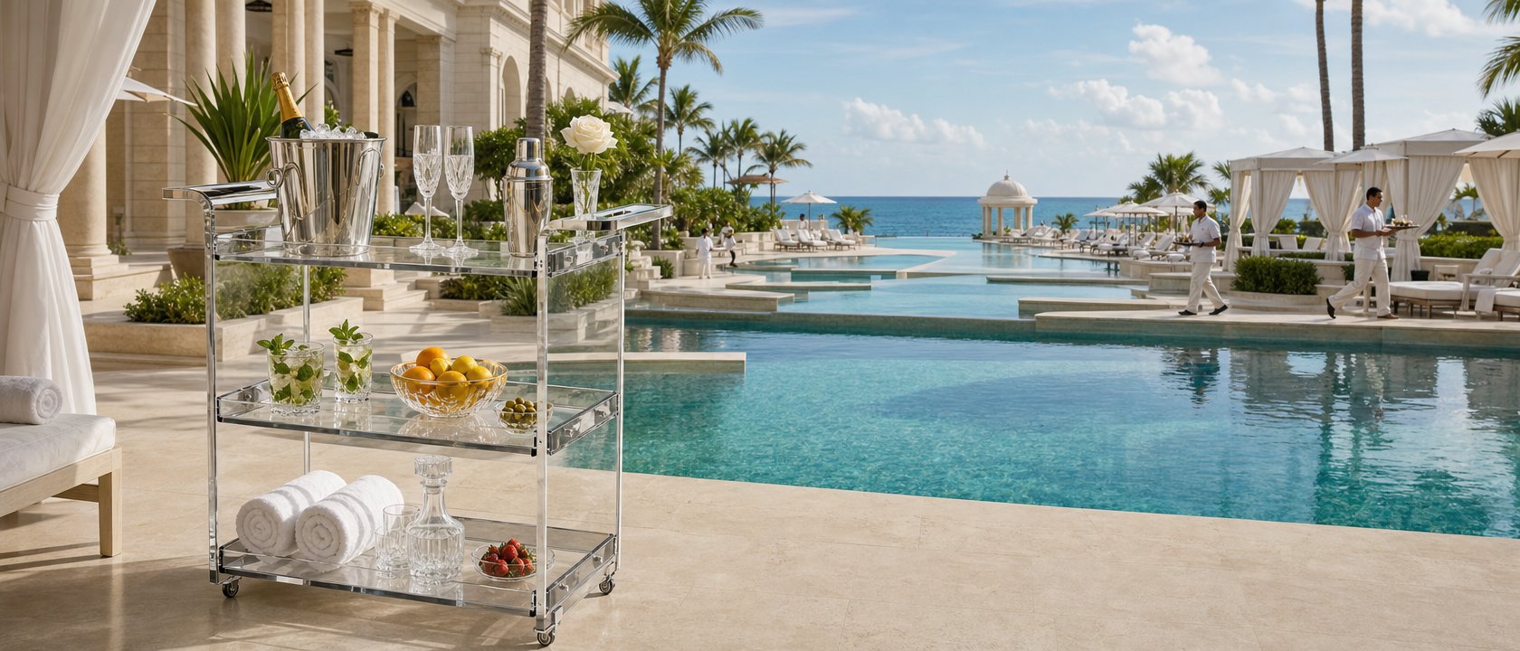 Acrylic lucite three-tier bar cart at grand luxury resort poolside with ocean view, styled with champagne,
tropical fruit, crystal glasses and rolled towels — Royal Bar Carts Australia