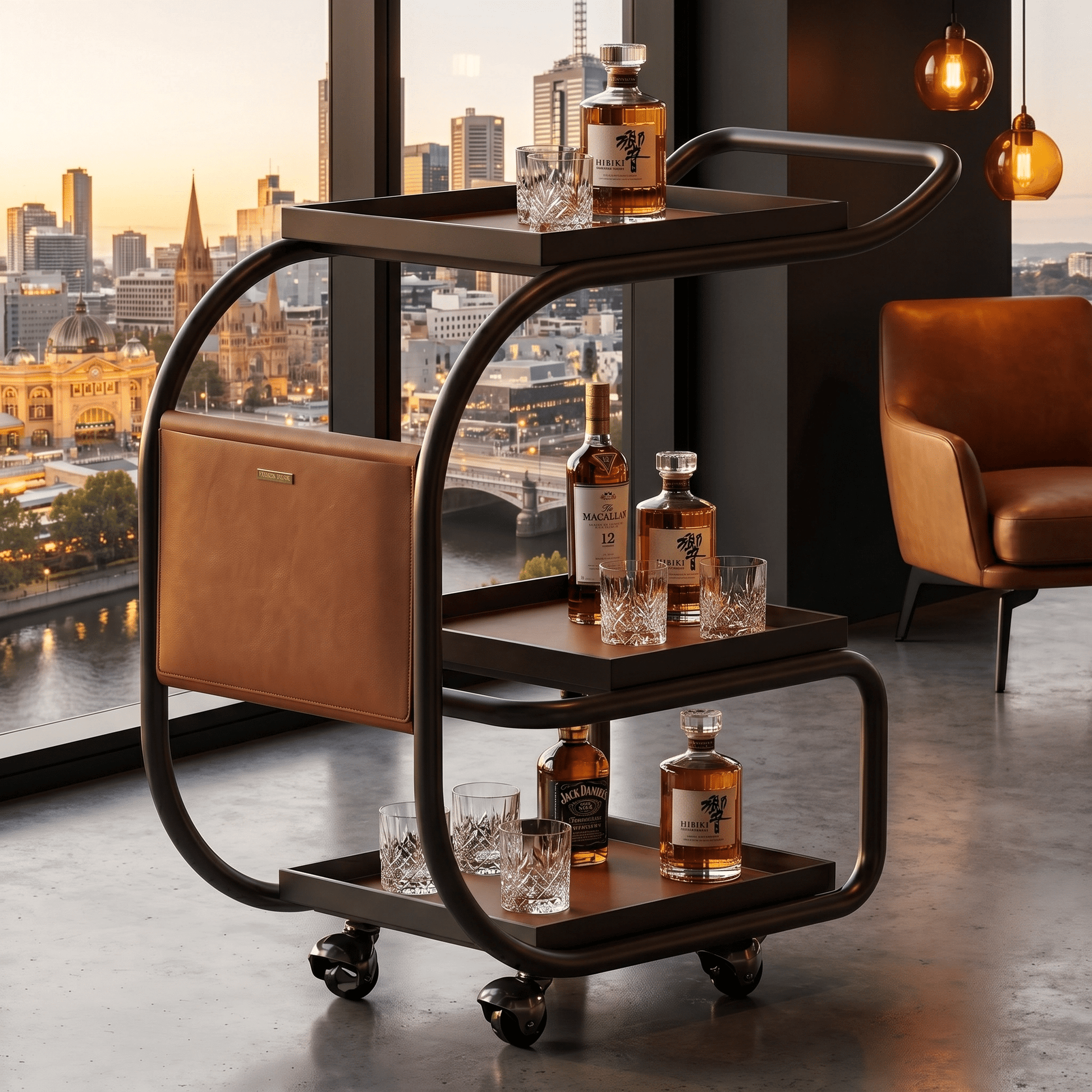 Close-up of La Milano Three-Tier Leather Bar Cart showcasing black metal frame and brown leather shelves in a modern living space.