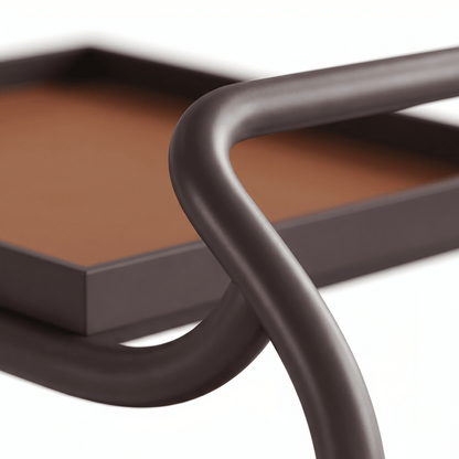 Close-up of La Milano Three-Tier Leather Bar Cart showcasing rich brown leather shelves and black metal frame in a cozy lounge setting