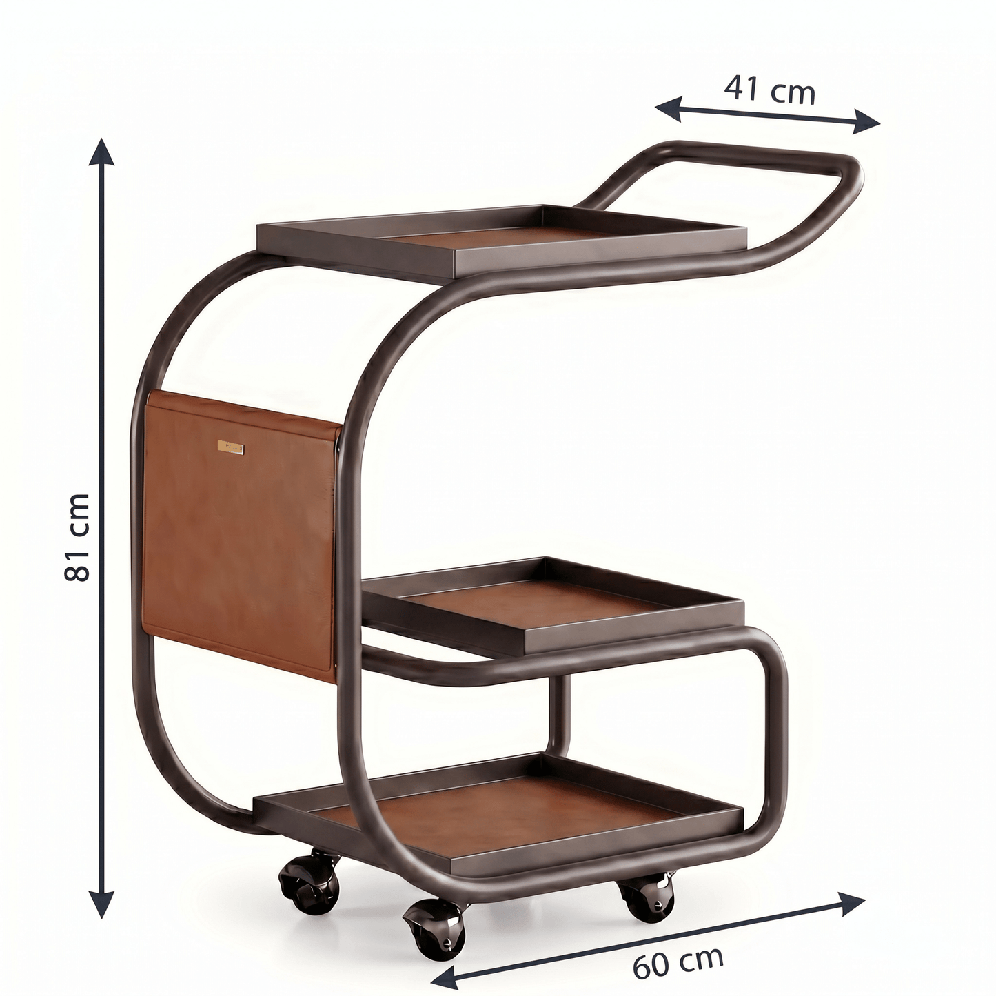 Close-up of La Milano Three-Tier Leather Bar Cart by Royal Bar Carts showing rich brown leather and sleek black frame details.