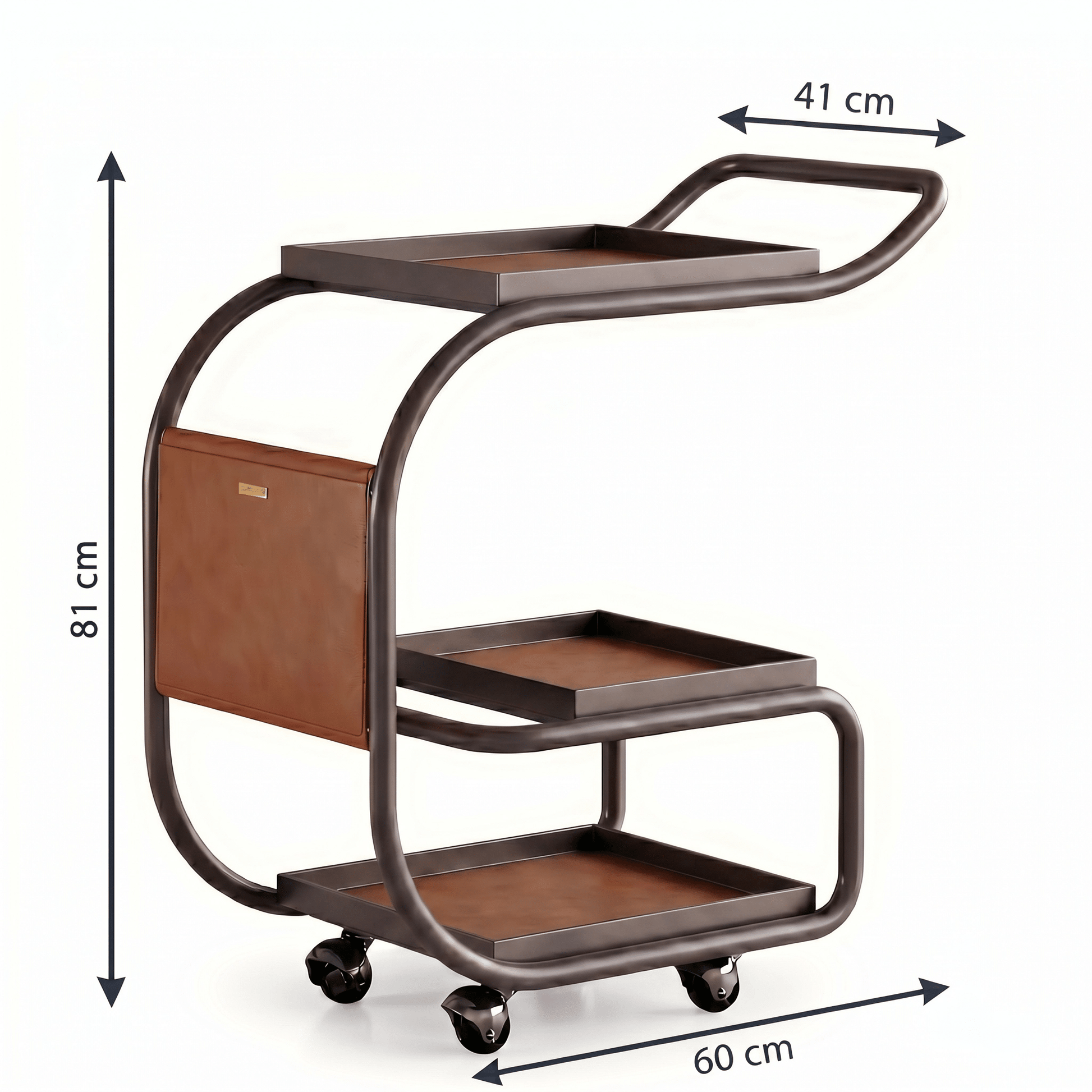 Close-up of La Milano Three-Tier Leather Bar Cart by Royal Bar Carts showing rich brown leather and sleek black frame details.