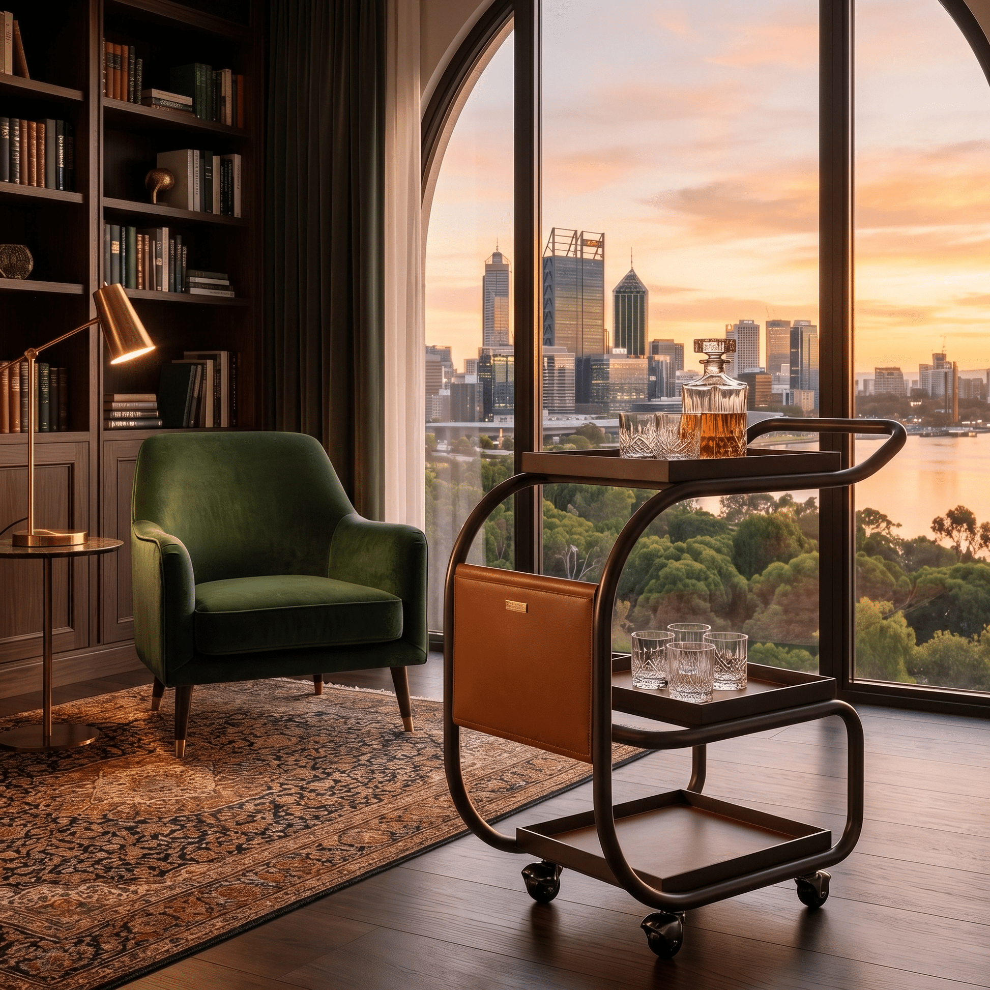 La Milano three-tier bar cart in living room setting — premium drinks trolley