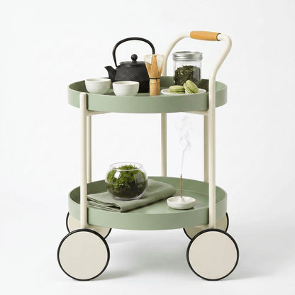 Close-up of the Airlie Two-Tier Round Side Cart by Royal Bar Carts showcasing its coastal deco style and ABS frame details