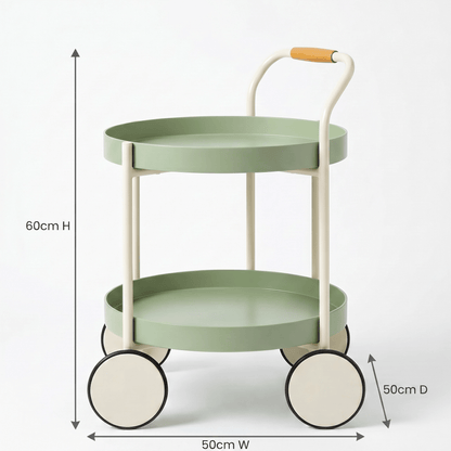 Close-up of the Airlie Two-Tier Round Side Cart’s ABS frame with coastal deco styling by Royal Bar Carts in an elegant lounge setting