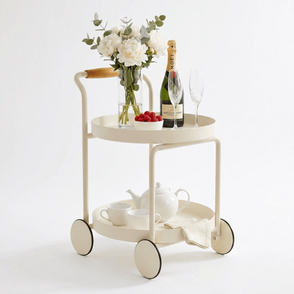 The Airlie round side cart top view — two-tier white bar cart