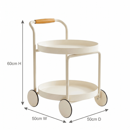Close-up of the Airlie Two-Tier Round Side Cart by Royal Bar Carts, showcasing its sleek ABS frame and coastal deco styling.
