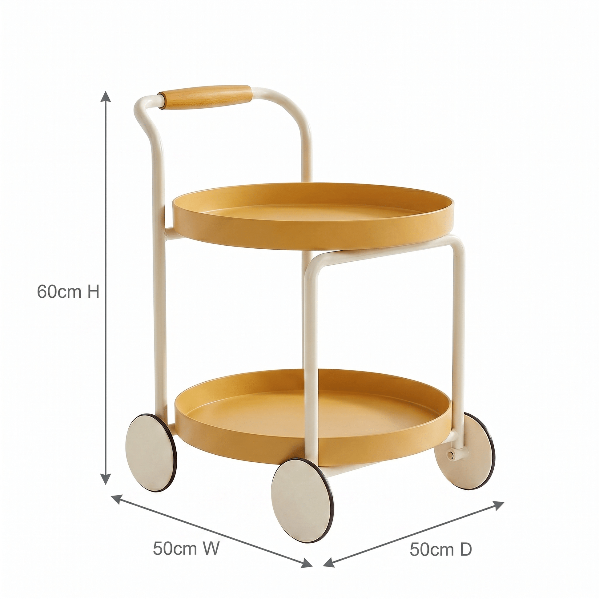 Close-up of The Airlie Two-Tier Round Side Cart by Royal Bar Carts showcasing ABS frame and coastal Gatsby deco styling.