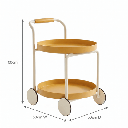 Close-up of The Airlie Two-Tier Round Side Cart by Royal Bar Carts showcasing ABS frame and coastal Gatsby deco styling.