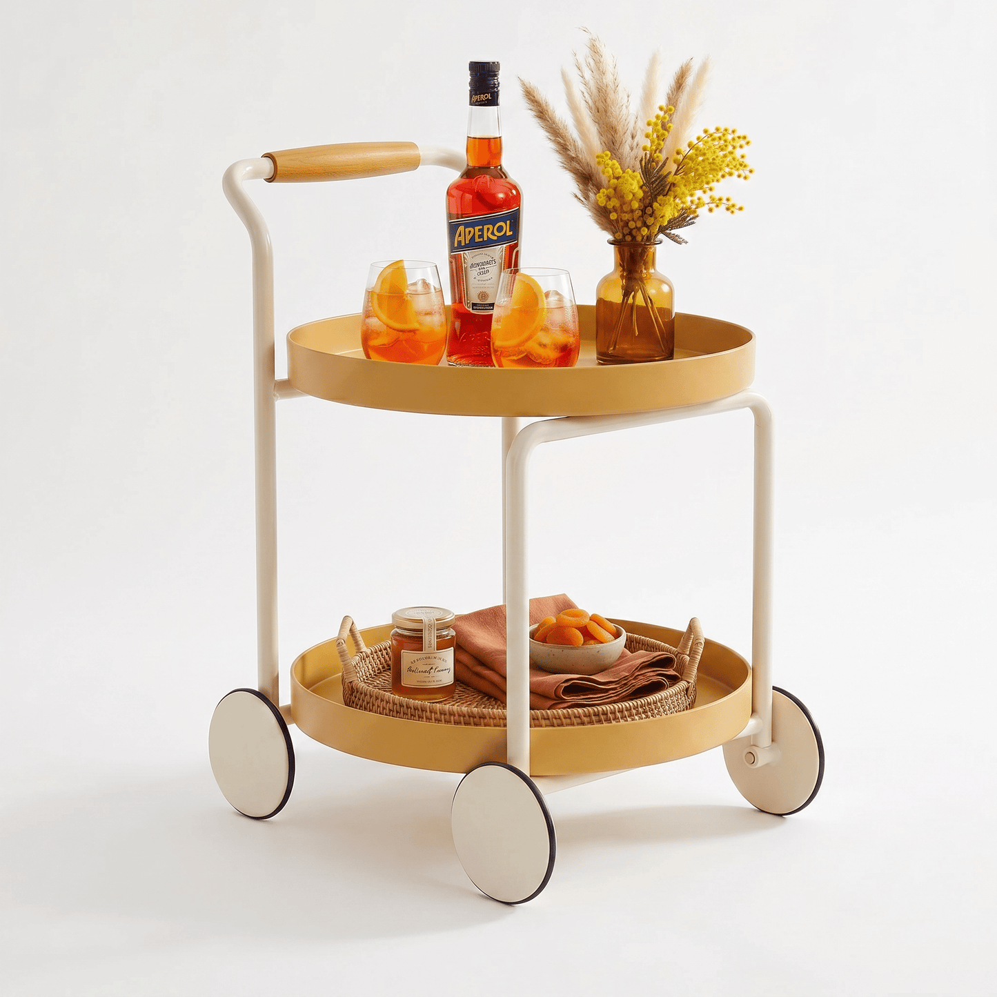 Close-up of The Airlie Two-Tier Round Side Cart by Royal Bar Carts showcasing coastal deco styling and sleek ABS finish.