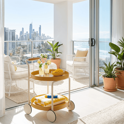 Close-up of The Airlie Two-Tier Round Side Cart by Royal Bar Carts showcasing ABS frame and coastal deco styling in natural light