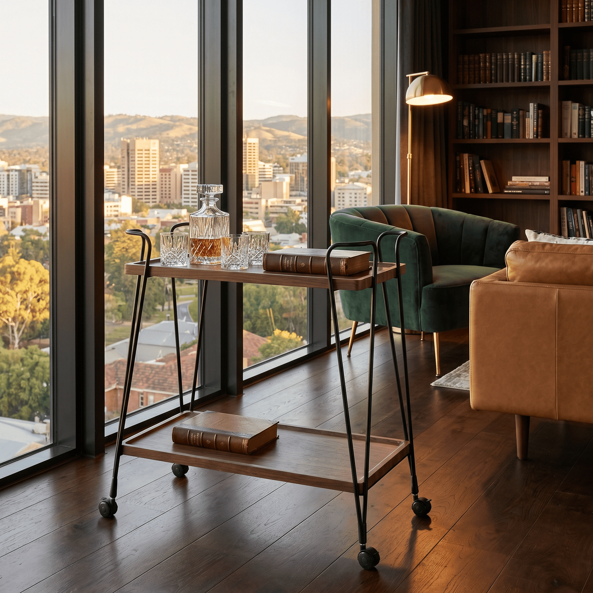 The Ascot Vale serving cart styled with cocktails — retro bar cart Australia