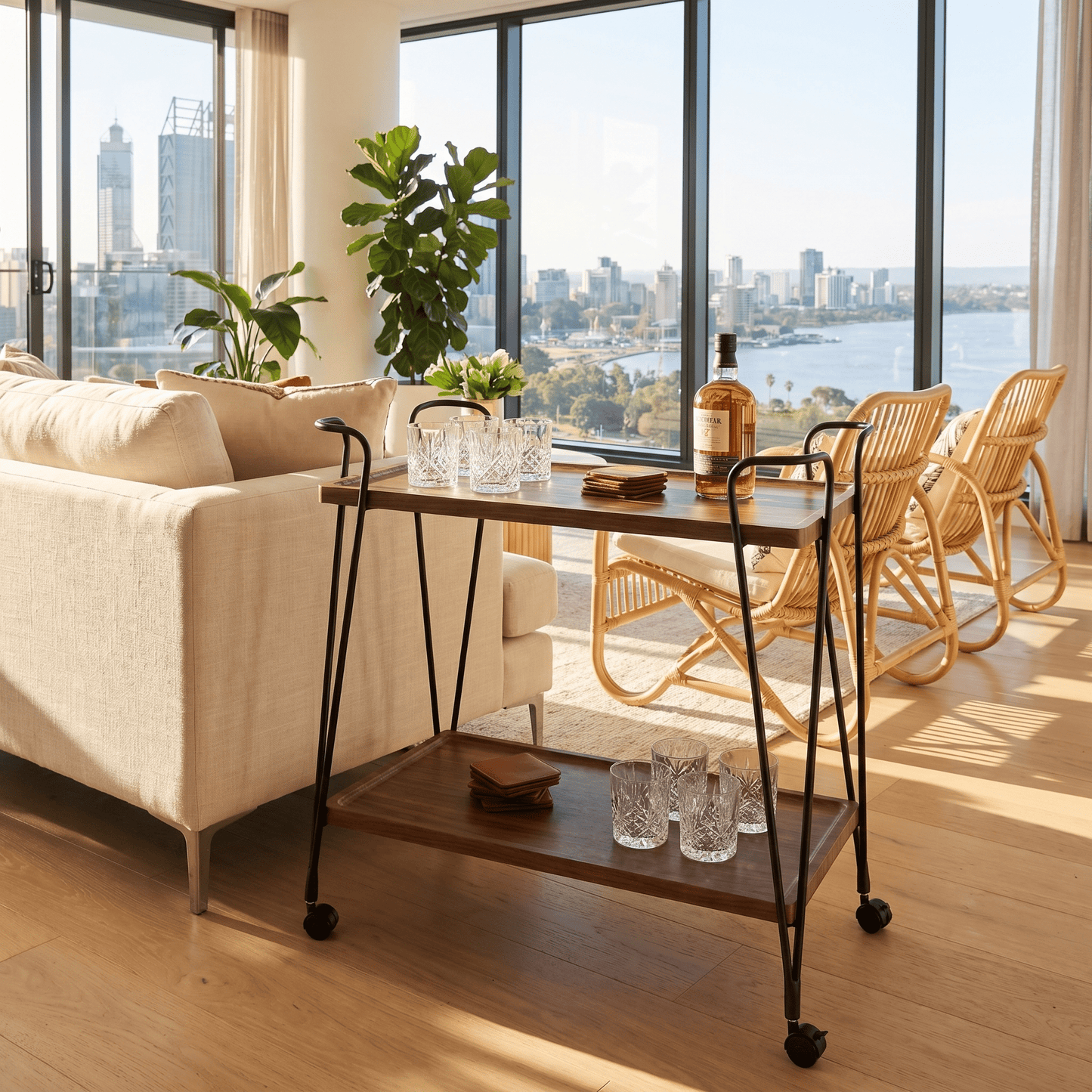The Ascot Vale serving cart styled with cocktails — retro bar cart Australia