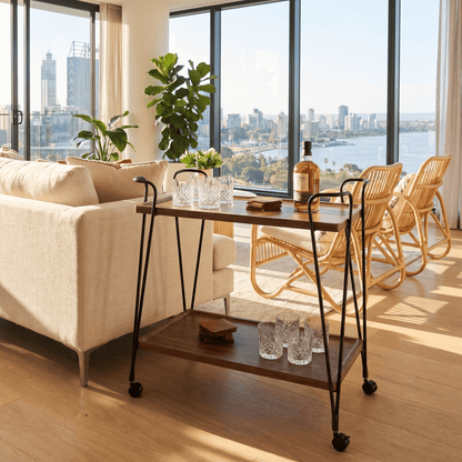 The Ascot Vale serving cart styled with cocktails — retro bar cart Australia