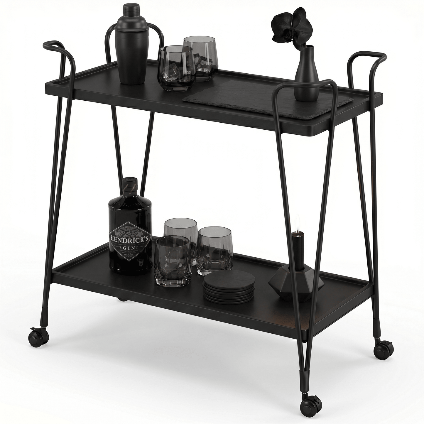 Close-up of the Ascot Vale Two-Tier Retro Serving Cart’s black frame and brown shelves styled with glassware and cocktails