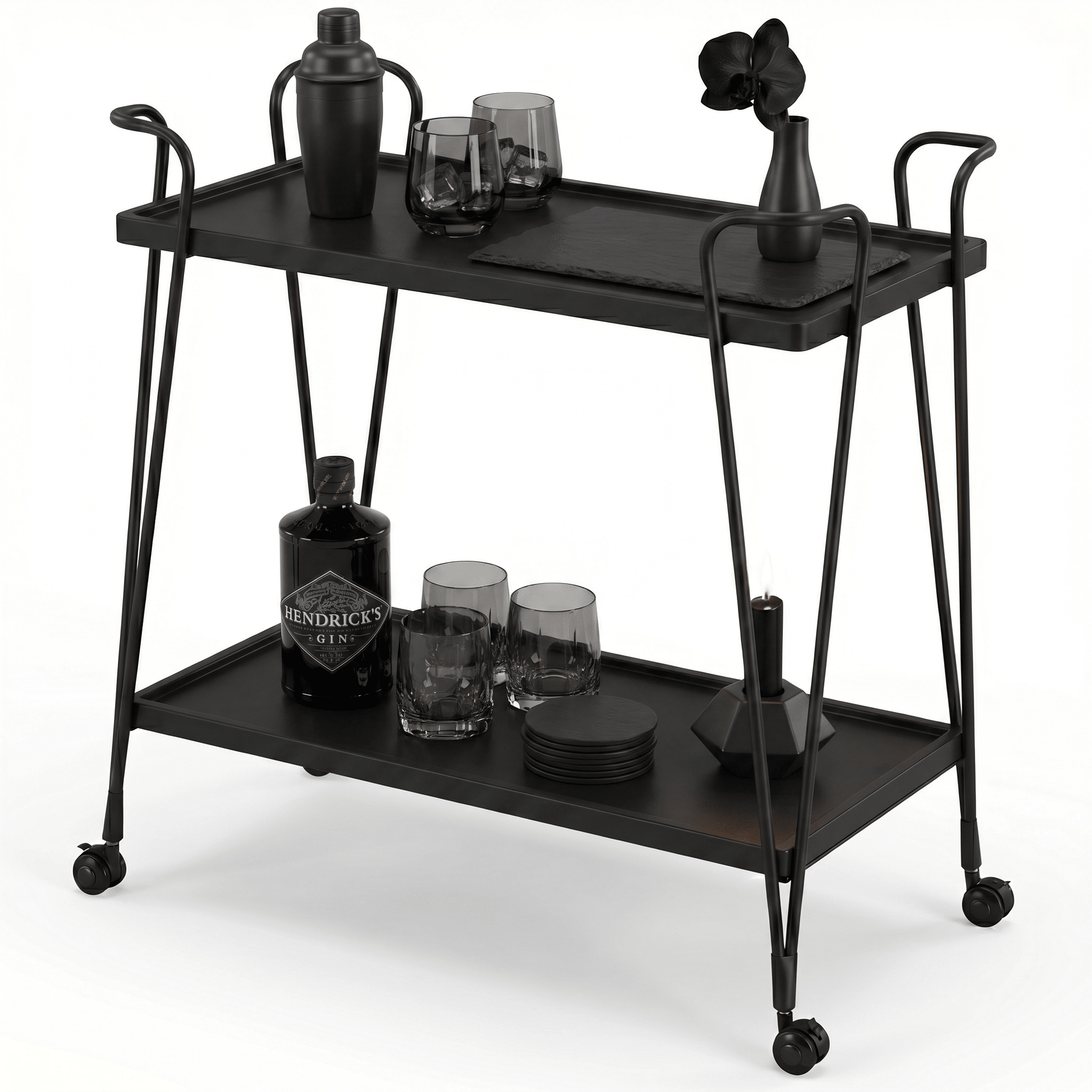 Close-up of the Ascot Vale Two-Tier Retro Serving Cart’s black frame and brown shelves styled with glassware and cocktails