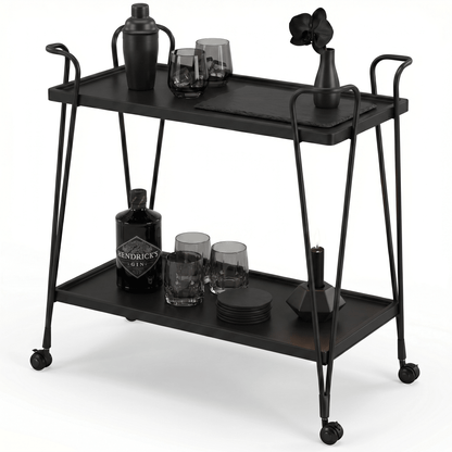 Close-up of the Ascot Vale Two-Tier Retro Serving Cart’s black frame and brown shelves styled with glassware and cocktails
