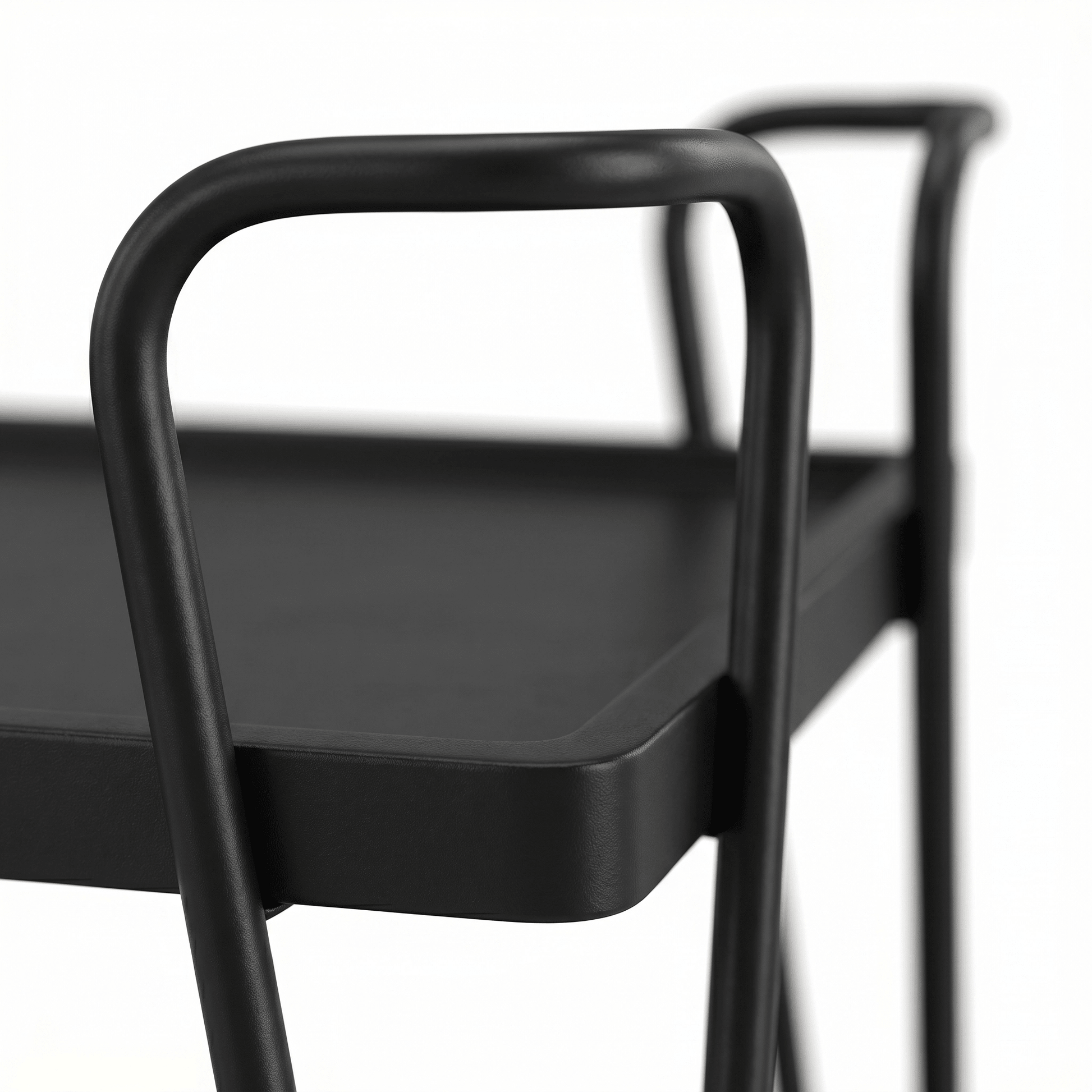 Close-up of The Ascot Vale Two-Tier Retro Serving Cart’s black frame and brown shelves styled with glassware in a contemporary setting