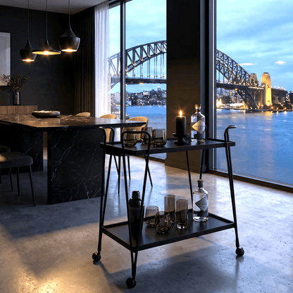 The Ascot Vale serving cart styled with cocktails — retro bar cart Australia