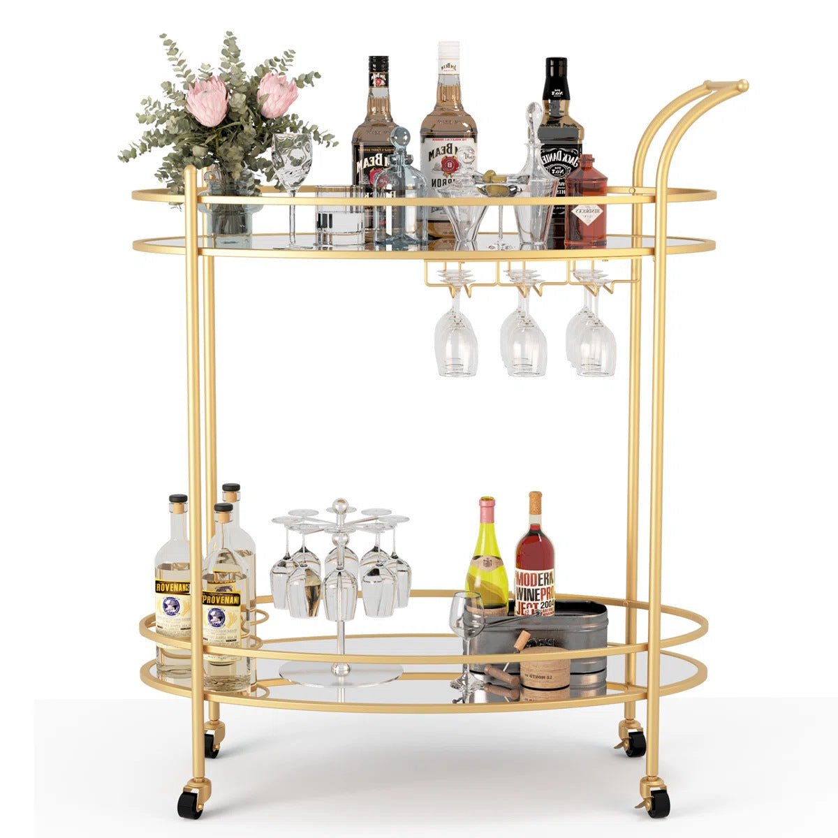The Aurelia gold oval bar cart — champagne gold two-tier bar trolley Australia