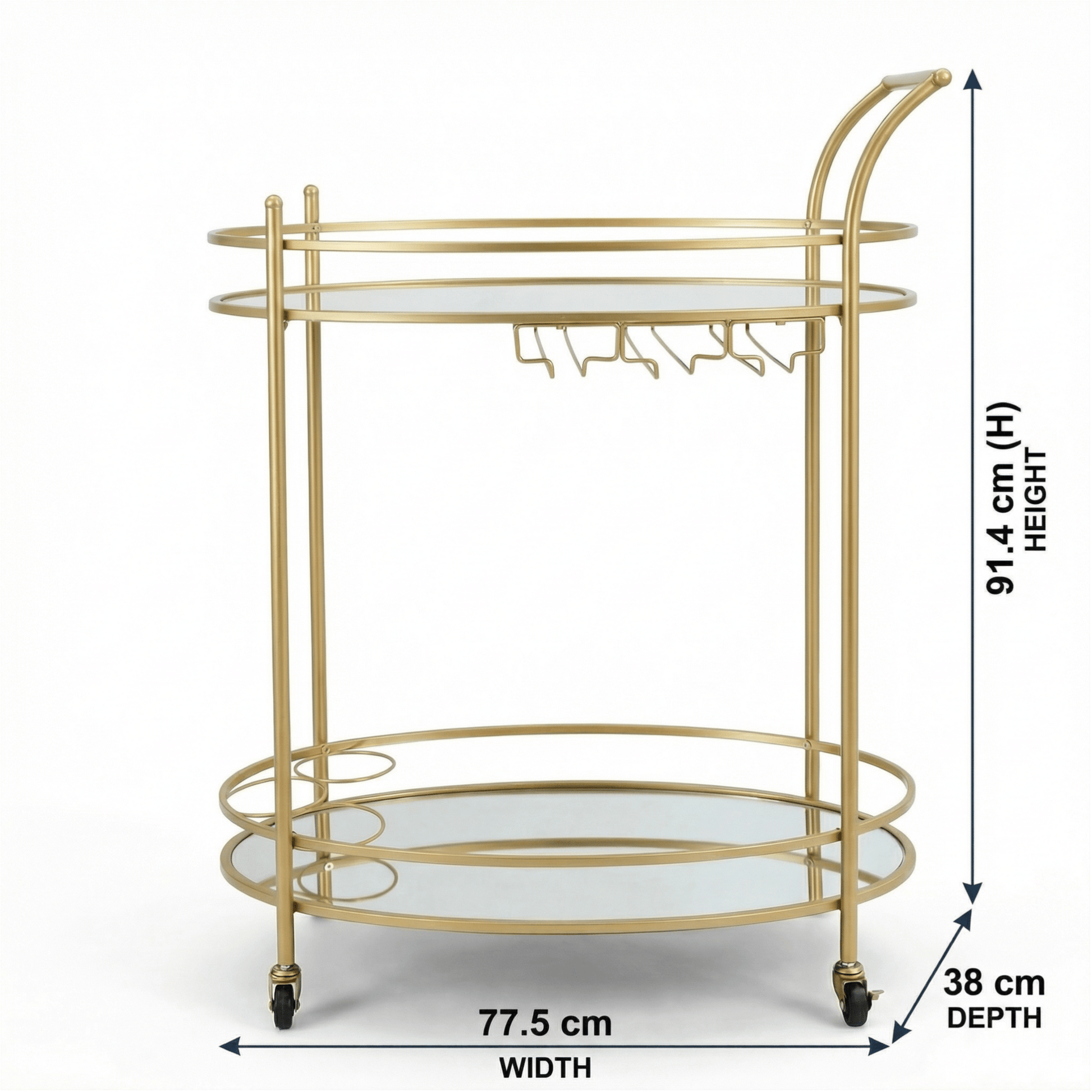 Close-up of The Aurelia Gold Oval Bar Cart’s glass shelves and gold frame showcasing contemporary deco style in a stylish home setting