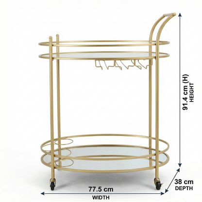 Close-up of The Aurelia Gold Oval Bar Cart’s glass shelves and gold frame showcasing contemporary deco style in a stylish home setting