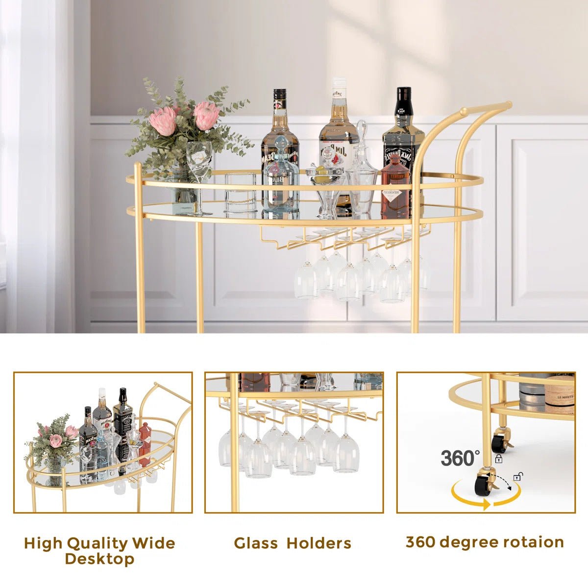 The Aurelia gold oval bar cart side view — premium gold bar cart Australia