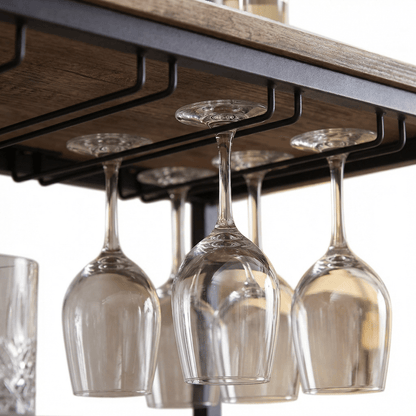 Close-up of the Barossa Nordic Iron Drinks Trolley’s sleek black frame and brown wooden shelves styled with glassware and bottles