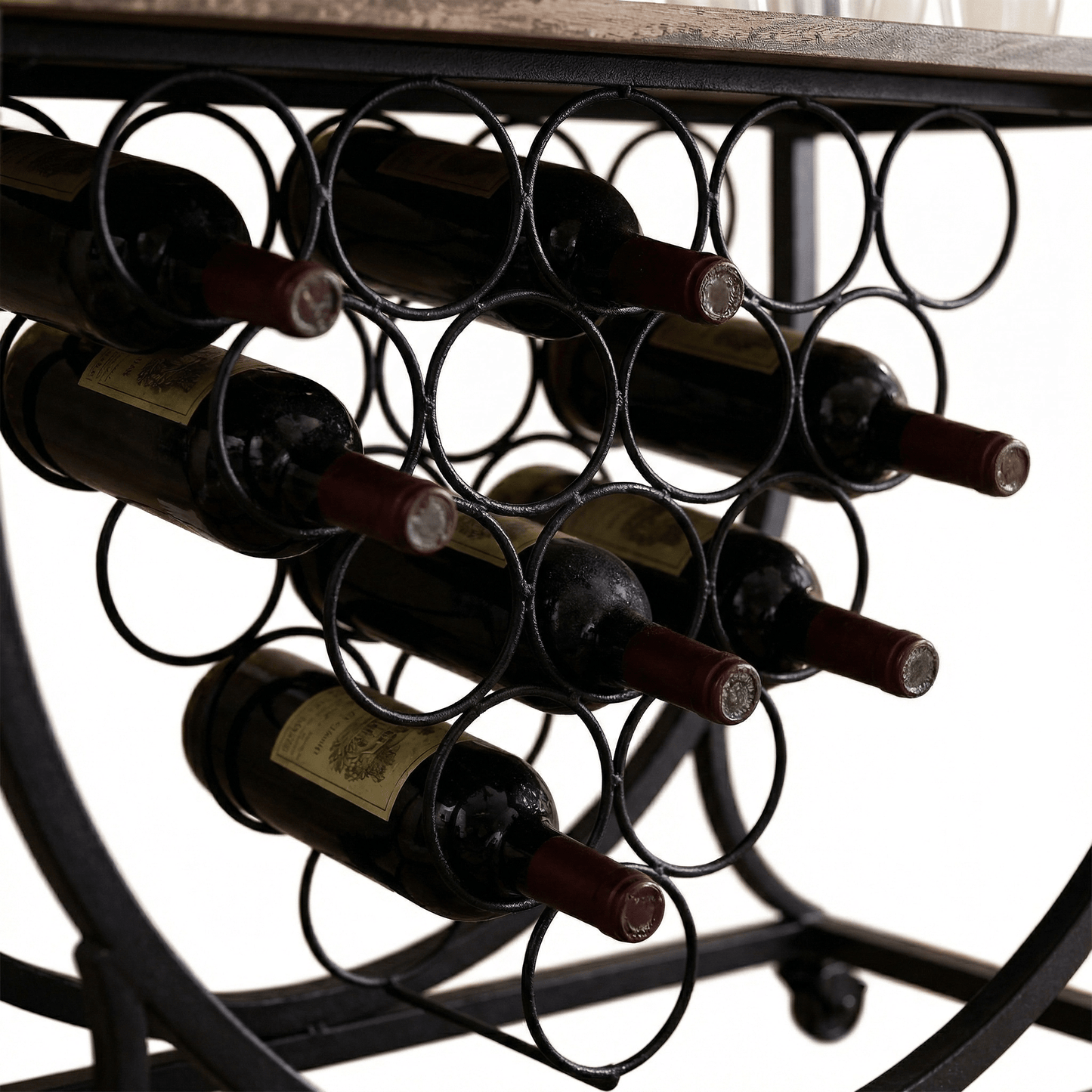 Close-up of The Barossa Nordic Iron Drinks Trolley showcasing black iron frame and brown wooden shelves styled with glassware and bottles