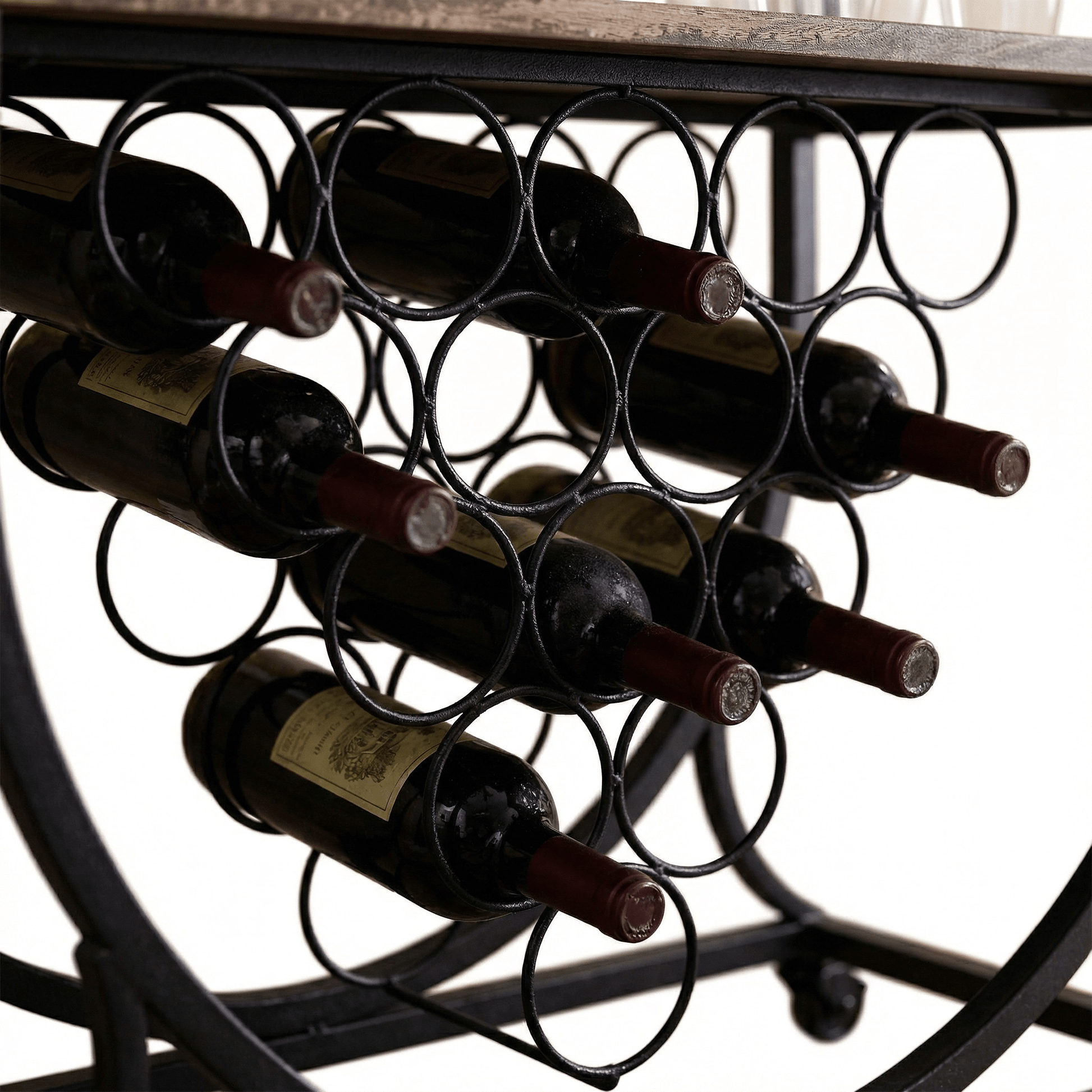 Close-up of The Barossa Nordic Iron Drinks Trolley showcasing black iron frame and brown wooden shelves styled with glassware and bottles