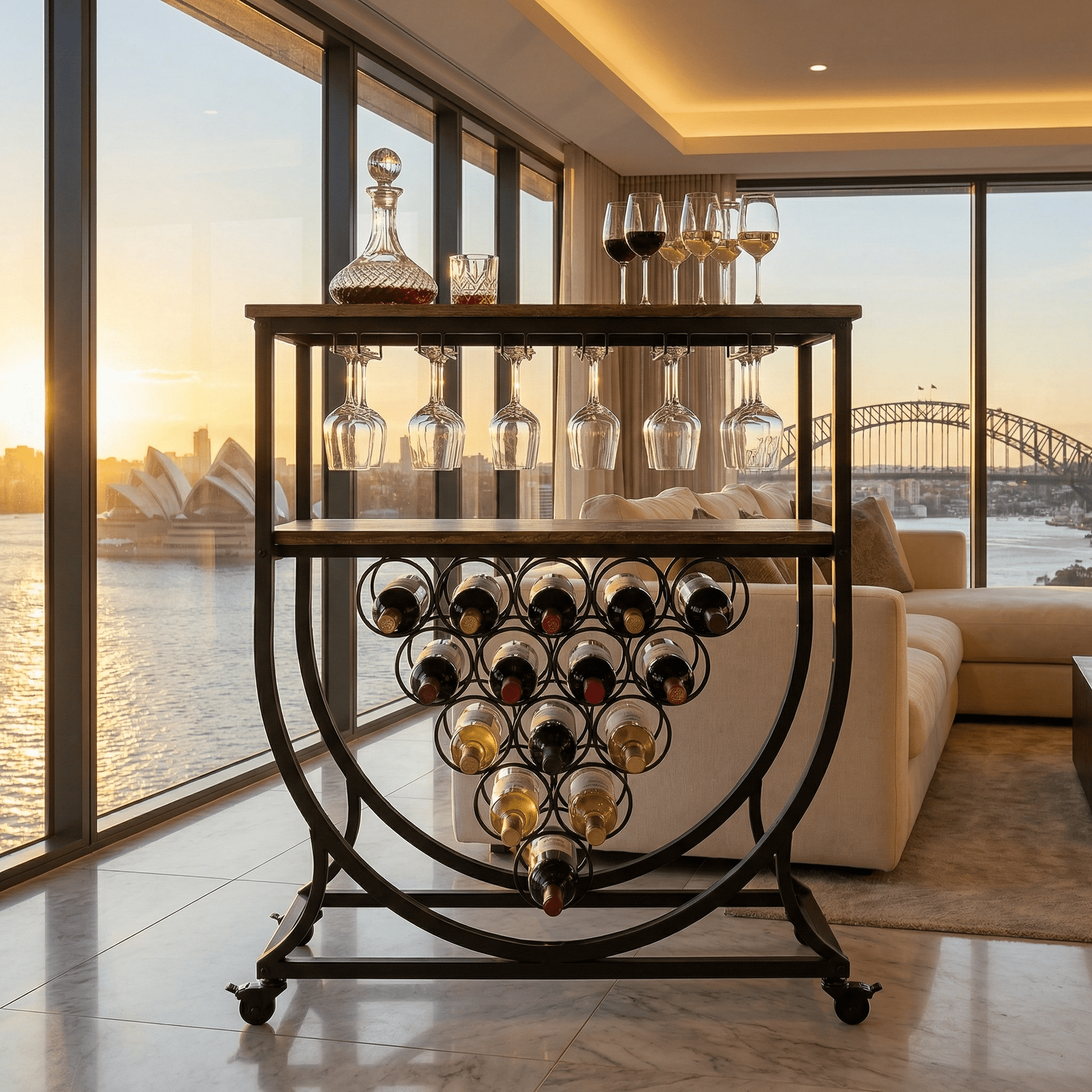 The Barossa Nordic trolley with wine bottles — iron drinks cart Australia
