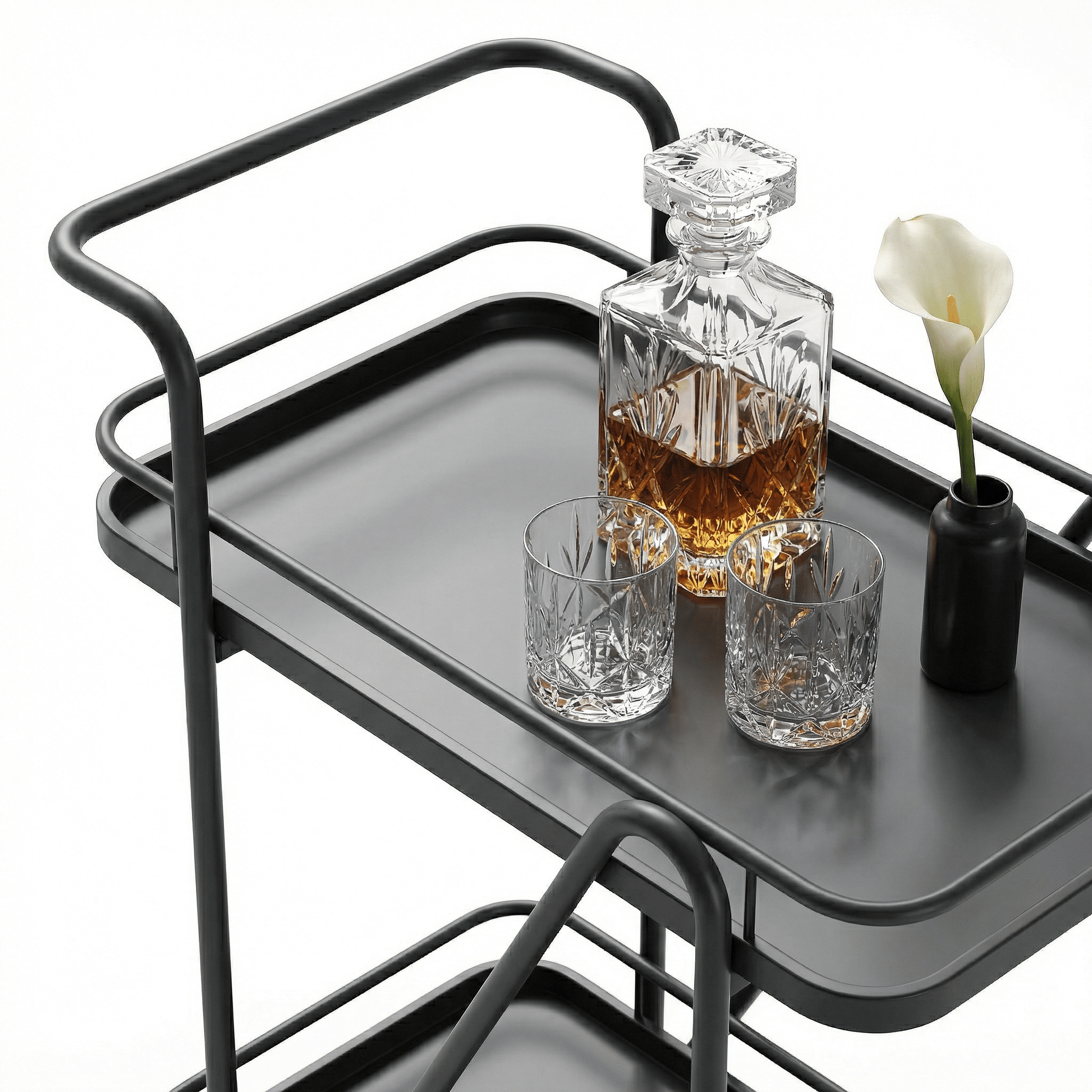 The Brighton service cart top tier — two-tier black metal bar trolley