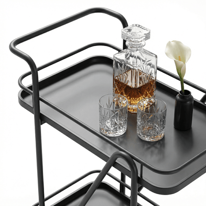 The Brighton service cart top tier — two-tier black metal bar trolley