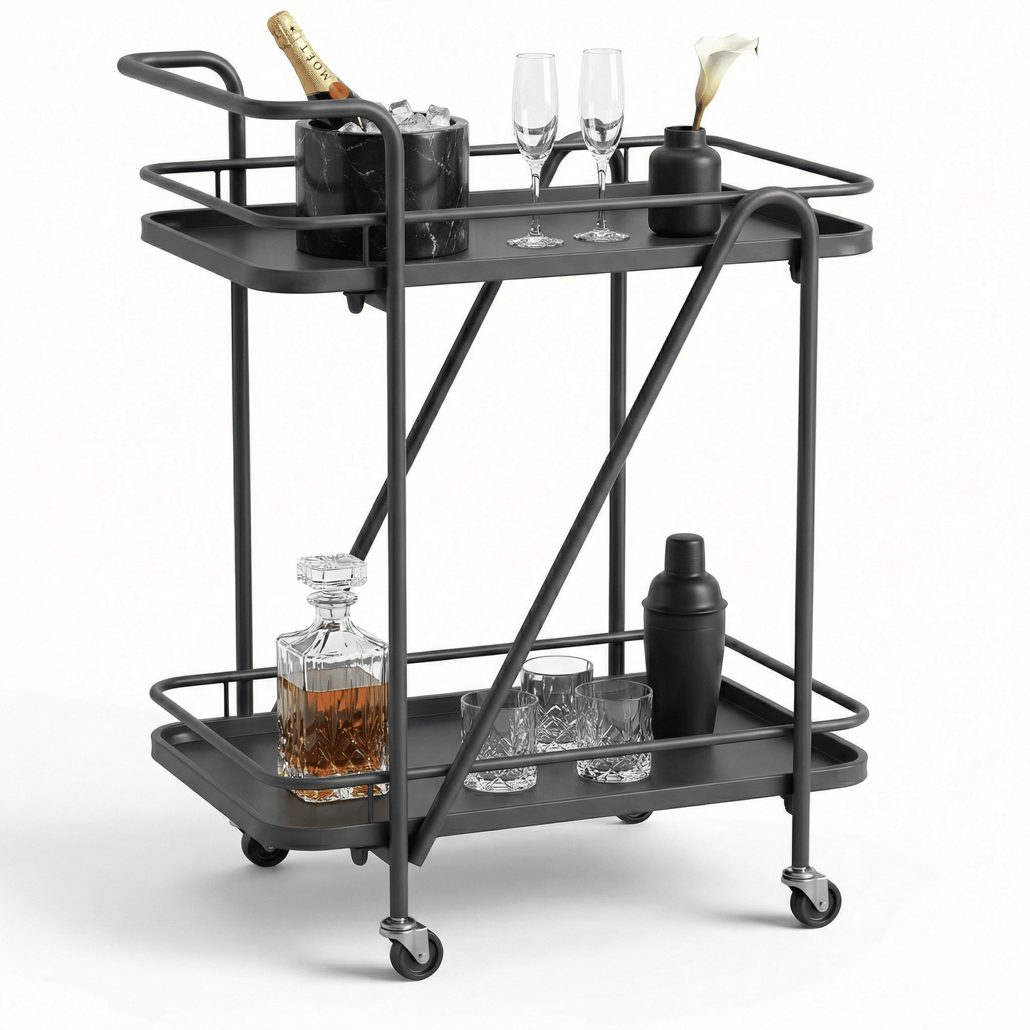 The Brighton service cart top tier — two-tier black metal bar trolley