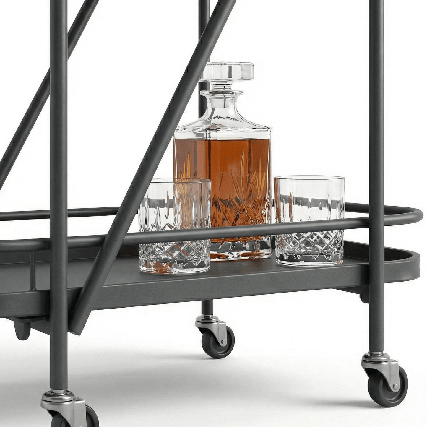 Close-up of the Brighton Two-Tier Metal Service Cart in black, styled with coastal deco accents by Royal Bar Carts.