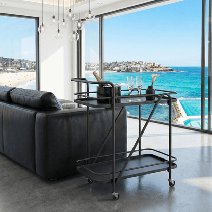 The Brighton service cart top tier — two-tier black metal bar trolley