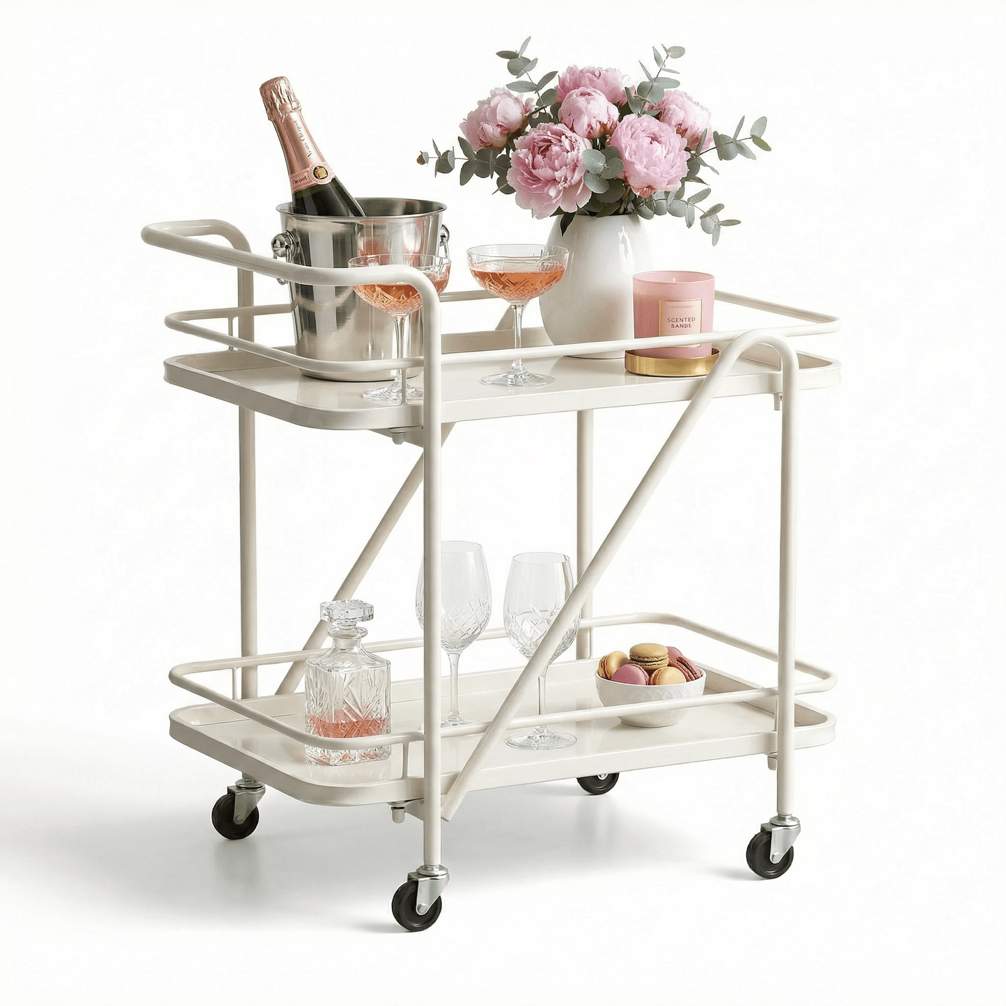 Close-up of The Brighton Two-Tier Metal Service Cart by Royal Bar Carts in black, styled with coastal deco accents.