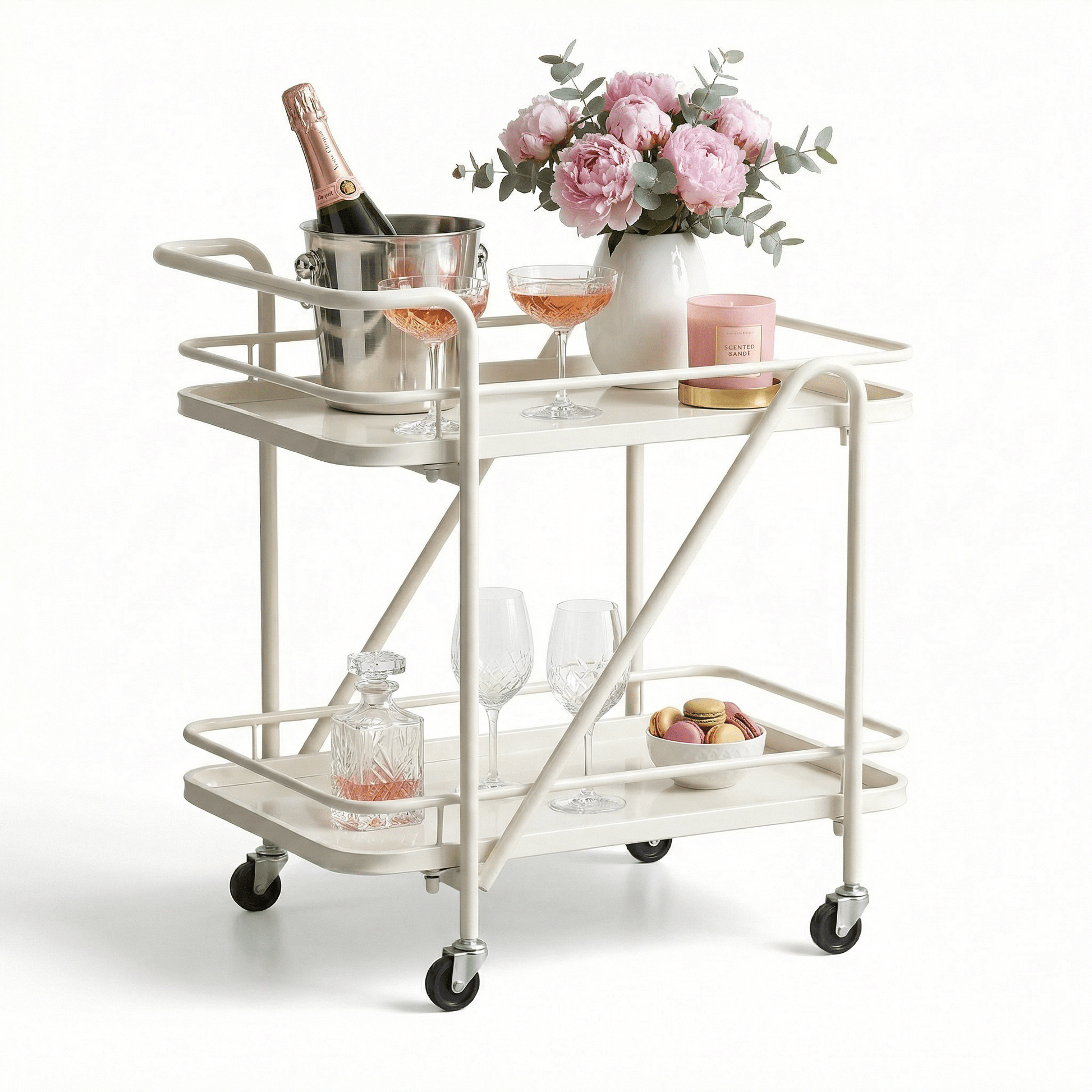 Close-up of The Brighton Two-Tier Metal Service Cart by Royal Bar Carts in black, styled with coastal deco accents.