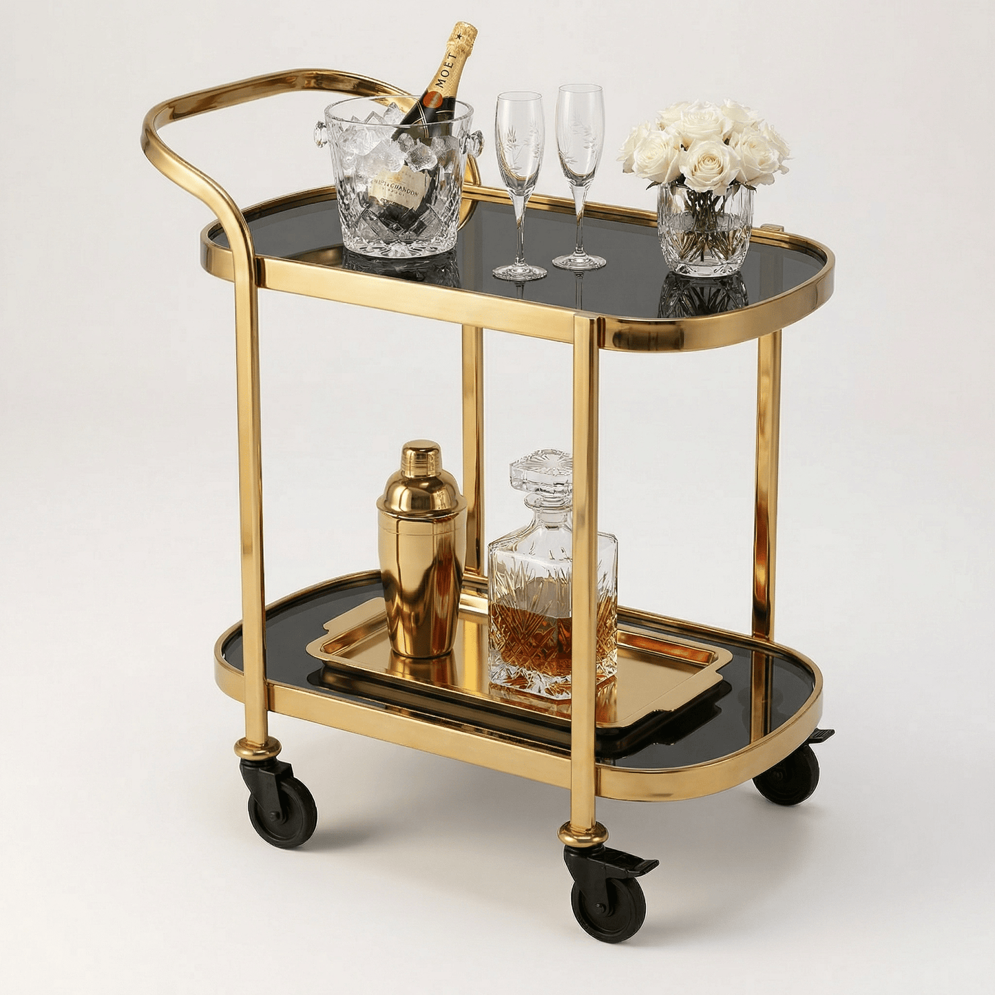 The Collins two-tier beverage cart — black and gold bar trolley Australia, modern home bar