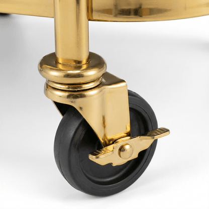 Close-up of Royal Bar Carts Collins Two-Tier Beverage Cart showcasing gold frame and glass shelves styled with cocktail accessories