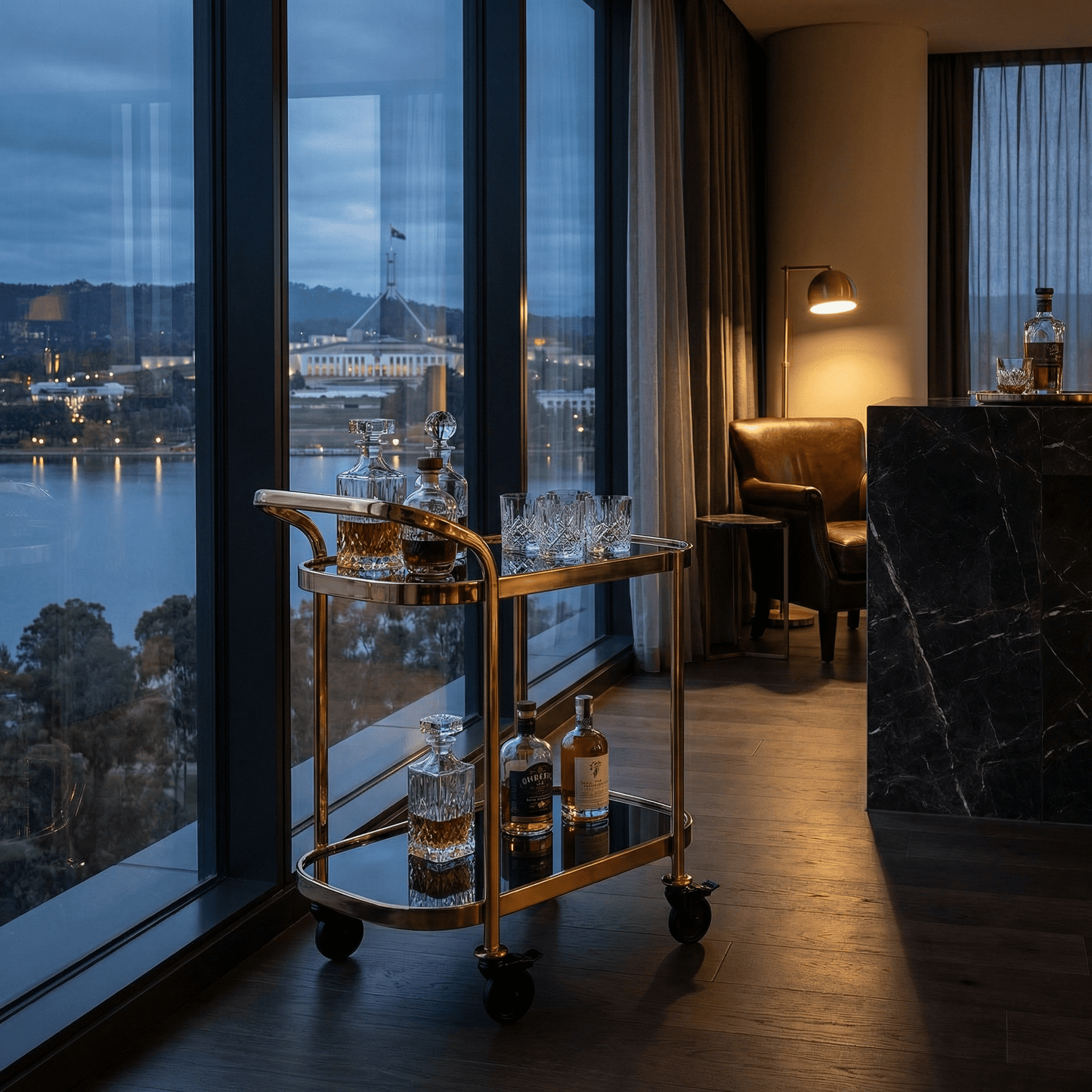 The Collins two-tier beverage cart — black and gold bar trolley Australia, modern home bar