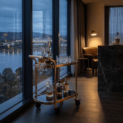 The Collins two-tier beverage cart — black and gold bar trolley Australia, modern home bar