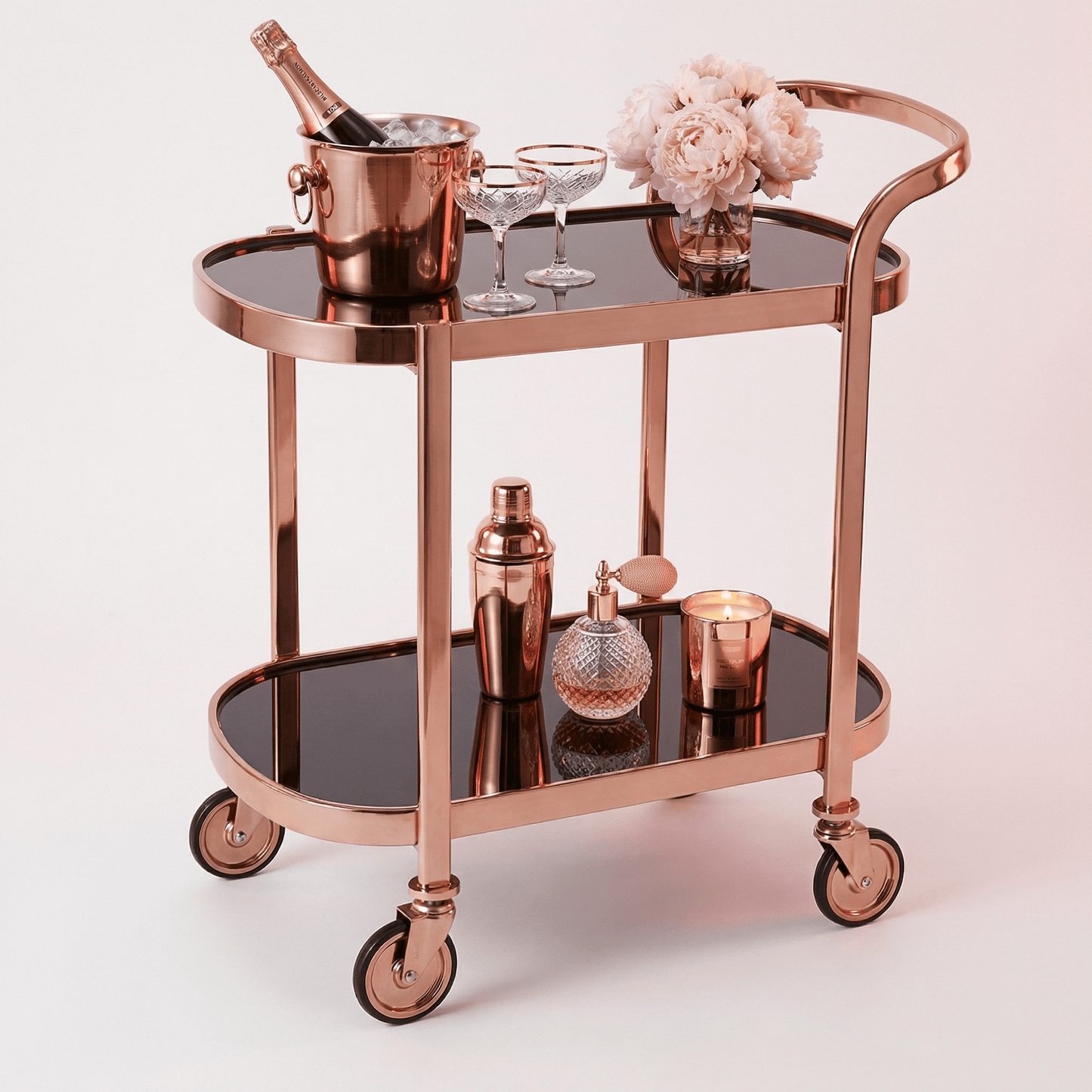 The Collins bar trolley side view — Rose Gold-accented black beverage cart